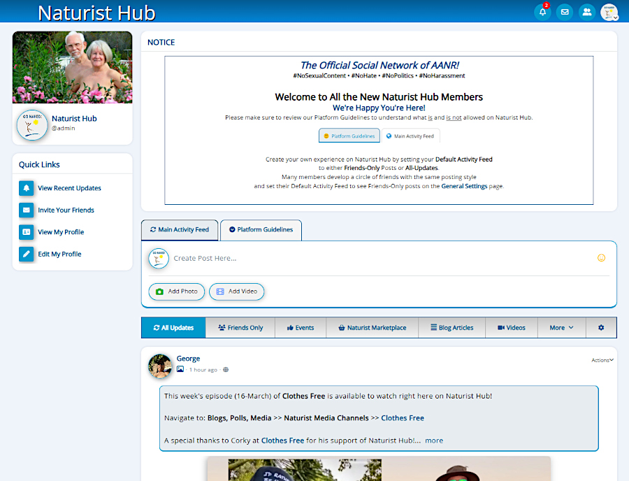 Naturist Hub Social Networking Homepage